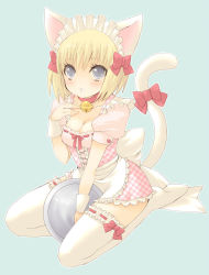 Rule 34 | 00s, 1girl, :o, animal ears, bell, blonde hair, breasts, clare (claymore), claymore (series), cleavage, collar, frills, grey eyes, hair ribbon, kneeling, maid, neck bell, pocopoco, ribbon, short hair, solo, tail, tail ornament, tail ribbon, thighhighs