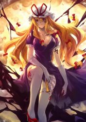 Rule 34 | 1girl, blonde hair, blood, breasts, cleavage, elbow gloves, folding fan, gloves, hand fan, hat, highres, kalalasan, large breasts, legs, long hair, red eyes, solo, thighhighs, thighs, torn clothes, touhou, white thighhighs, yakumo yukari