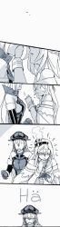 Rule 34 | 10s, 2girls, ?, anchor, bare shoulders, bismarck (kancolle), blush, braid, breasts, comic, covering another&#039;s mouth, crown, dress, elbow gloves, eye contact, flower, flying sweatdrops, french braid, gloves, greyscale, hair between eyes, hair ribbon, hairband, hand over another&#039;s mouth, hat, highres, kabedon, kantai collection, long hair, long sleeves, looking at another, military, military hat, military uniform, mini crown, monochrome, multiple girls, off-shoulder dress, off shoulder, open mouth, peaked cap, ribbon, rose, shaded face, spoken question mark, sweatdrop, trembling, uniform, upper body, warspite (kancolle), weidashming