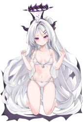 Rule 34 | 1girl, absurdres, ahoge, alternate costume, bare legs, barefoot, bikini, blue archive, blush, breasts, breasts apart, collarbone, demon horns, demon wings, frilled bikini, frills, grey hair, halo, hands up, highres, hina (blue archive), horns, kneeling, long hair, mindoll, multiple horns, navel, one side up, purple eyes, simple background, small breasts, solo, stomach, swimsuit, very long hair, white background, white bikini, wings