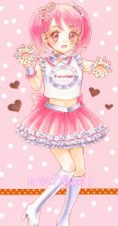 Rule 34 | 1girl, boots, candy, candy hair ornament, food, food-themed hair ornament, frilled skirt, frilled sleeves, frills, furuta (company), furutan, hair ornament, heart, highres, looking at viewer, mascot, midriff, open mouth, pink background, pink hair, pink skirt, polka dot, polka dot background, short sleeves, skirt, smile, solo, standing, standing on one leg, twintails