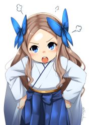 Rule 34 | 1girl, puff of air, angry, asakaze (kancolle), blue bow, blue eyes, blue hakama, bow, commentary request, cowboy shot, forehead, hair bow, hakama, hakama skirt, hands on own hips, highres, japanese clothes, kantai collection, leaning forward, light brown hair, long hair, looking at viewer, meiji schoolgirl uniform, nassukun, one-hour drawing challenge, open mouth, parted bangs, round teeth, sidelocks, simple background, skirt, solo, teeth, upper teeth only, wavy hair, white background