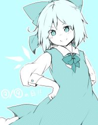 Rule 34 | circled 9, 1girl, blue eyes, blue hair, bow, cirno, dress, hair bow, hands on own hips, ice, ice wings, matching hair/eyes, ribbon, short hair, smile, solo, touhou, wadante, wings