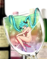 Rule 34 | 1girl, aqua eyes, aqua hair, bad id, bad pixiv id, barefoot, bespectacled, breasts, completely nude, cup, drinking glass, floating hair, glasses, hatsune miku, in container, in cup, large breasts, long hair, looking at viewer, mini person, minigirl, nude, ratio (ratio-d), revision, solo, submerged, twintails, very long hair, vocaloid, wine glass