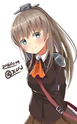 Rule 34 | 10s, 1girl, 2016, arms behind back, ascot, blush, breasts, brown hair, dated, high ponytail, highres, i.f.s.f, kantai collection, kumano (kancolle), light smile, long hair, long sleeves, looking at viewer, ponytail, school uniform, simple background, sketch, solo, strap, upper body, white background