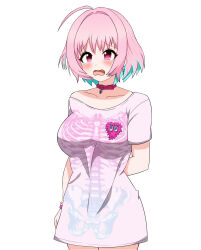 Rule 34 | 1girl, absurdres, arm behind back, belt collar, blush, bone print, breasts, collar, collarbone, colored inner hair, embarrassed, heart, heart collar, highres, idolmaster, idolmaster cinderella girls, large breasts, looking to the side, multicolored hair, open mouth, oxicmar, pink eyes, pink hair, shirt, short sleeves, skeleton print, solo, t-shirt, tears, two-tone hair, white background, yumemi riamu