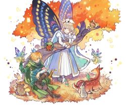 Rule 34 | 2boys, autumn leaves, bird, boots, bug, butterfly, butterfly wings, cape, caterpillar, cloak, deer, fairy, fate/grand order, fate (series), fur-trimmed cape, fur trim, gomashou (ssm fgo), highres, insect, insect wings, log, multiple boys, mushroom, oberon (fate), one eye closed, rabbit, robin hood (fate), smile, wings