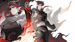 Rule 34 | 1boy, abs, absurdres, arknights, bara, demon horns, eyepatch, facial hair, feet out of frame, flaming sword, flaming weapon, goatee, highres, hoederer (arknights), holding, holding sword, holding weapon, horns, incredibly absurdres, large pectorals, long hair, looking at viewer, male focus, midriff peek, muscular, muscular male, navel, pectorals, pointy ears, projected inset, red hair, shirt, sparse stubble, sword, thick eyebrows, torn clothes, torn shirt, weapon, yaoyaore