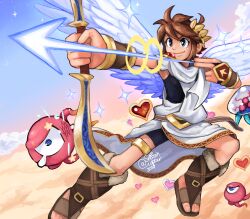 Rule 34 | 1boy, 2019, absurdres, aiming, ancient greek clothes, arrow (projectile), blue eyes, bow (weapon), brown hair, chiton, cloud, commentary, english commentary, heart, highres, kid icarus, kid icarus uprising, komayto, laurel crown, male focus, monoeye, nintendo, pit (kid icarus), sandals, signature, sky, smile, snoozincopter, solo, sparkle, star (sky), starry sky, tears, v-shaped eyebrows, weapon