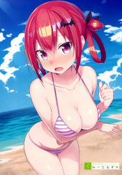 Rule 34 | 1girl, absurdres, arm under breasts, artist name, beach, bikini, blue sky, blurry, blurry background, blush, breast hold, breasts, cleavage, collarbone, day, depth of field, dutch angle, fang, fisheye, gabriel dropout, greatmosu, hair between eyes, hair ornament, hair rings, halterneck, highres, large breasts, navel, non-web source, open mouth, outdoors, pink eyes, red hair, satanichia kurumizawa mcdowell, scan, short hair, sky, solo, string bikini, striped bikini, striped clothes, swimsuit