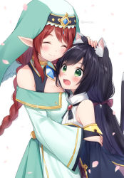 Rule 34 | 2girls, ^ ^, animal ear fluff, animal ears, bad id, bad pixiv id, bare shoulders, black hair, blouse, blue sleeves, blush, bow, braid, brown hair, cat ears, cat girl, cat tail, closed eyes, closed mouth, commentary request, detached sleeves, dress, falling petals, green dress, green eyes, hair bow, headpat, hug, karyl (princess connect!), long hair, long sleeves, low twintails, misato (princess connect!), multiple girls, off-shoulder dress, off shoulder, open mouth, petals, pointy ears, princess connect!, purple bow, shirt, simple background, sleeveless, sleeveless shirt, tail, tail raised, twintails, twitter username, veil, very long hair, white background, white shirt, wide sleeves, yumoran