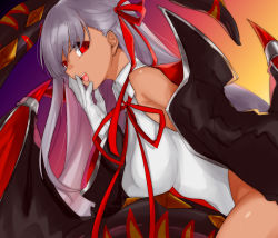 Rule 34 | 1girl, bare shoulders, bat wings, bb (fate), bb (fate) (all), bb (swimsuit mooncancer) (fate), bb (swimsuit mooncancer) (third ascension) (fate), black coat, breasts, coat, dark-skinned female, dark skin, fate/grand order, fate (series), gloves, gradient background, gyaru, hair ribbon, large breasts, leotard, long hair, looking at viewer, neck ribbon, off shoulder, open clothes, open coat, open mouth, orange background, popped collar, purple eyes, purple hair, red eyes, red ribbon, ribbon, shimaneko (pixiv71285774), smile, solo, tan, tentacles, vampire costume, very long hair, white gloves, white leotard, wings