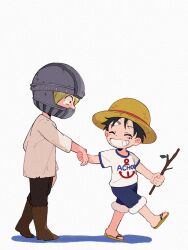 Rule 34 | 2boys, ^ ^, aged down, black hair, black pants, blonde hair, boots, branch, brown footwear, child, closed eyes, crying, from side, fur-trimmed shorts, fur trim, grin, helmet, highres, holding, holding branch, holding hands, injury, male focus, monkey d. luffy, multiple boys, one piece, pants, sandals, sanji (one piece), shirt, short hair, short sleeves, shorts, simple background, smile, walking, white background, white shirt, yuyuyu9526
