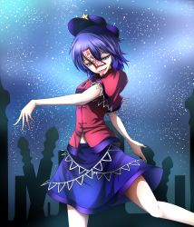 Rule 34 | 1girl, arm behind back, blue eyes, blue hair, chinese clothes, colored eyelashes, eyebrows, hat, highres, leg up, looking at viewer, matching hair/eyes, miyako yoshika, night, ofuda, outdoors, outstretched arms, saliva, short hair, short sleeves, skirt, sky, solo, standing, standing on one leg, star (sky), star (symbol), starry sky, tachitsuki, tatetsuki, tombstone, tongue, tongue out, touhou, zombie pose