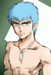 Rule 34 | blue hair, chirico cuvie, dog tags, expressionless, green eyes, male focus, shijou yukimasa, solo, soukou kihei votoms, topless male
