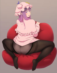Rule 34 | 1girl, ass, bean bag chair, black pantyhose, blush, bow, crescent, crotch seam, full body, hat, highres, long hair, mamigon, mouth hold, open mouth, panties, panties under pantyhose, pantyhose, patchouli knowledge, plump, purple eyes, purple hair, smile, solo, thighband pantyhose, touhou, underwear