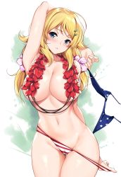 Rule 34 | 1girl, american flag bikini, arm behind head, arm up, armpits, bikini, bikini pull, blonde hair, blue eyes, blush, breasts, cleavage, clothes pull, commentary request, flag print, flower, flower necklace, gluteal fold, hachimiya meguru, hair ornament, hairclip, highres, idolmaster, idolmaster shiny colors, jewelry, large breasts, long hair, looking at viewer, midriff, navel, necklace, parted lips, petals, standing, striped bikini, striped clothes, swimsuit, thigh gap, thighs, tony guisado, topless, underboob, unworn bikini top