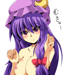 Rule 34 | 1girl, blush, breasts squeezed together, breasts, cleavage, crescent, crescent hat ornament, female focus, hair ribbon, hat, hat ornament, large breasts, long hair, mukyuu, nipples, nude, patchouli knowledge, purple hair, ribbon, shin-mottie, solo, topless frame, touhou, upper body