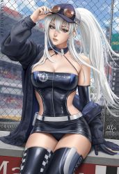 Rule 34 | 1girl, artist name, azur lane, baseball cap, belt, belt pouch, black jacket, blue eyes, blurry, blurry background, breasts, bridal gauntlets, chain-link fence, cleavage, closed mouth, commentary, copyright name, eagle union (emblem), english commentary, enterprise (azur lane), enterprise (wind catcher) (azur lane), eyewear on headwear, fence, hair between eyes, hand on headwear, hat, highres, jacket, large breasts, lips, long hair, looking at viewer, miniskirt, off shoulder, official alternate costume, panties, pantyshot, ponytail, pouch, race queen, racetrack, sciamano240, sidelocks, single bare shoulder, single bridal gauntlet, sitting, skirt, solo, sunglasses, thighhighs, tight clothes, underwear, very long hair, waist cutout, white hair