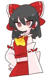 Rule 34 | 1girl, ascot, black hair, bow, brown eyes, collared shirt, detached sleeves, frilled bow, frilled hair tubes, frilled shirt collar, frills, hair bow, hair tubes, hakurei reimu, highres, medium hair, nontraditional miko, op na yarou, red bow, red shirt, red skirt, ribbon-trimmed sleeves, ribbon trim, shirt, simple background, skirt, skirt set, sleeveless, sleeveless shirt, solo, touhou, white background, white sleeves, wide sleeves, yellow ascot