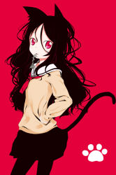 Rule 34 | 1girl, abe kanari, animal ears, black hair, cat ears, cat tail, face, fish bone, hands in pockets, hands on own hips, long hair, messy hair, mouth hold, original, pantyhose, paw print, red eyes, school uniform, slit pupils, solo, tail