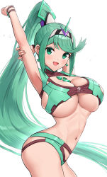 Rule 34 | 1girl, absurdres, alternate costume, bikini, breasts, chest jewel, gonzarez, green eyes, green hair, highres, large breasts, long hair, nintendo, pneuma (xenoblade), ponytail, simple background, solo, stretching, swept bangs, swimsuit, underboob, very long hair, white background, xenoblade chronicles (series), xenoblade chronicles 2