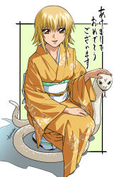 1girl absurdres blonde_hair cagalli_yula_athha chinese_zodiac dress gundam gundam_seed gundam_seed_freedom highres japanese_clothes kimono long_sleeves looking_at_viewer new_year obi sash short_hair smile snake solo tokuoka_kouhei translation_request year_of_the_snake yellow_eyes