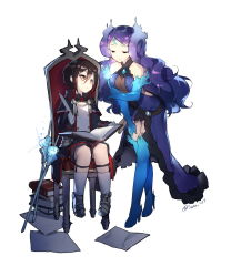 Rule 34 | 2girls, :d, aged down, bare shoulders, black jacket, black shorts, blue fire, blue footwear, blue gloves, blue thighhighs, book, book stack, boots, breasts, brighid (xenoblade), brown hair, chair, cleavage, closed eyes, closed mouth, commentary request, dress, elbow gloves, fire, gloves, grey footwear, hair between eyes, hand on leg, high heel boots, high heels, highres, holding, holding book, index finger raised, jacket, kneehighs, lance, leaning forward, long hair, long sleeves, looking at another, looking to the side, medium breasts, military jacket, morag ladair (xenoblade), multiple girls, nintendo, on chair, open book, open mouth, orange eyes, paper, polearm, purple dress, purple hair, quill, saru, see-through, shoes, short hair, short shorts, shorts, simple background, sitting, smile, socks, standing, thigh boots, thighhighs, twitter username, very long hair, weapon, white background, white gloves, white legwear, xenoblade chronicles (series), xenoblade chronicles 2