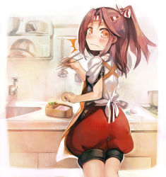 Rule 34 | 10s, 1girl, ^^^, bad id, bad pixiv id, bento, blush, brown eyes, brown hair, caught, cooking, cowboy shot, hachimaki, hair ribbon, headband, high ponytail, ika, japanese clothes, kantai collection, light brown hair, looking at viewer, looking back, muneate, open mouth, personification, ponytail, ribbon, short hair, smile, solo, sweatdrop, zuihou (kancolle)