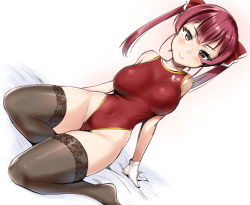 Rule 34 | 1girl, arm support, black thighhighs, breasts, commentary request, competition swimsuit, dutch angle, eyepatch, gloves, hair ribbon, heterochromia, highres, hololive, houshou marine, large breasts, long hair, looking at viewer, minase (takaoka nanase), one-piece swimsuit, red eyes, red hair, red ribbon, red one-piece swimsuit, ribbon, simple background, sitting, solo, swimsuit, thighhighs, twintails, very long hair, virtual youtuber, white background, white gloves, yokozuwari