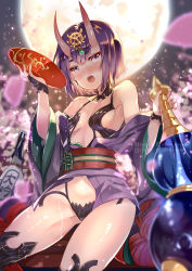 Rule 34 | 1girl, alcohol, bare shoulders, blurry, blurry background, blush, breasts, commentary request, cup, depth of field, drooling, fate/grand order, fate (series), full moon, gourd, head tilt, highres, horns, japanese clothes, kimono, moon, navel, night, night sky, nose blush, obi, off shoulder, oni, open mouth, outdoors, purple eyes, purple hair, purple kimono, revealing clothes, sakazuki, sake, saliva, sash, short hair, shuten douji (fate), skin-covered horns, sky, small breasts, solo, thighs, xephonia