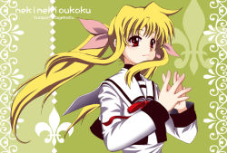 00s 1girl blonde_hair fate_testarossa female_focus long_hair lyrical_nanoha mahou_shoujo_lyrical_nanoha mahou_shoujo_lyrical_nanoha_a&#039;s mekimeki own_hands_together ponytail red_eyes school_uniform serafuku solo