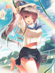 Rule 34 | 1girl, :d, bare legs, black skirt, blue neckwear, blue sailor collar, blue sky, bow, brown eyes, brown hair, chain-link fence, cloud, commentary request, day, fence, hair bow, highres, holding, holding hose, holding mask, hose, kankurou, looking at viewer, mask, midriff peek, moe2021, one eye closed, open mouth, original, outdoors, pleated skirt, ponytail, pool, rainbow, running, sailor collar, school uniform, serafuku, shirt, short sleeves, skirt, sky, smile, solo, thighs, tree, uniform, water, water drop, wet, white shirt