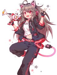Rule 34 | 1girl, ahoge, animal ears, belt, black gloves, black jacket, black pants, breasts, brown hair, cat ears, commentary request, fake animal ears, fang, feet out of frame, fingerless gloves, futuristic weapon, gloves, gun, headphones, headset, highres, holding, holding gun, holding weapon, hood, hoodie, jacket, kaoling, long hair, long sleeves, looking at viewer, midriff, navel, open clothes, open hoodie, open mouth, original, pants, red belt, red eyes, shirt, simple background, small breasts, solo, usb, v, very long hair, weapon, white background, white shirt