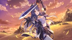 Rule 34 | 1girl, cygames, gloves, horns, long hair, meadow, midriff, official art, orange eyes, princess connect!, purple hair, reaching, reaching towards viewer, rei (princess connect!), scabbard, sheath, solo, sunset, sword, weapon