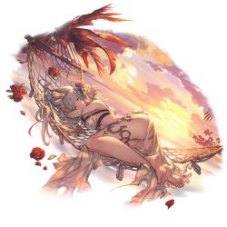 Rule 34 | 1girl, alpha transparency, animal ears, ass, barefoot, beach, bikini, blue eyes, blue flower, blunt bangs, breasts, cleavage, closed mouth, cloud, erune, feet, flower, granblue fantasy, hair flower, hair ornament, hammock, korwa, korwa (summer) (granblue fantasy), large breasts, long hair, looking at viewer, lying, minaba hideo, ocean, official art, on side, outdoors, red flower, revision, rose, silver hair, sky, smile, soles, solo, sunset, swimsuit, thighs, toes, transparent background