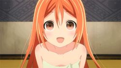 Rule 34 | 1girl, aihara enju, animated, animated gif, bare shoulders, black bullet, blush, child, flat chest, long hair, looking at viewer, lowres, naked towel, one eye closed, orange eyes, orange hair, solo, towel, wink, winking (animated)