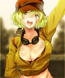 Rule 34 | 1girl, :d, arm behind back, arm up, baseball cap, blonde hair, blurry, bra, breasts, cidney aurum, cleavage, collarbone, crop top, cropped jacket, depth of field, final fantasy, final fantasy xv, goggles, goggles around neck, hair between eyes, hat, high collar, highres, jacket, large breasts, long sleeves, looking at viewer, midriff, naso4, navel, open mouth, red bra, shiny skin, short hair, sketch, smile, solo, underwear, upper body, wavy hair, yellow eyes