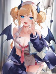 Rule 34 | 1girl, absurdres, arrow (symbol), barcode, bare shoulders, bat wings, blonde hair, blue eyes, blue jacket, blush, breasts, chest tattoo, cleavage, clipboard, collared shirt, commentary, cowboy shot, demon girl, demon horns, demon tail, double bun, dress, fangs, hair bun, hand up, hat, highres, hololive, horns, hospital, indoors, intravenous drip, iv stand, jacket, kaguya (srx61800), large breasts, long hair, long sleeves, looking at viewer, necktie, nurse, nurse cap, off shoulder, open clothes, open jacket, open mouth, paper, pink dress, pointy ears, recycling symbol, red necktie, shirt, solo, solo focus, tail, tattoo, thighhighs, track jacket, virtual youtuber, wings, yuzuki choco, yuzuki choco (nurse)