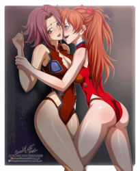 Rule 34 | 2021, 2girls, adapted costume, against wall, arm support, artist name, ass, blush, breasts, brown hair, cleavage, code geass, crossover, curvy, dated, embarrassed, expressionless, female focus, grabbing, grin, hair between eyes, highleg, highleg leotard, huge ass, interface headset, kouzuki kallen, leotard, long hair, looking at another, medium breasts, multiple girls, neon genesis evangelion, oicram-art, one-piece swimsuit, open mouth, patreon username, plugsuit, red hair, red one-piece swimsuit, sexually suggestive, shiny clothes, shiny skin, signature, simple background, skin tight, skindentation, smile, souryuu asuka langley, swimsuit, thong leotard, trait connection, two side up, very long hair, watermark, web address, yuri