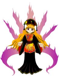 Rule 34 | 1girl, black dress, black hat, blonde hair, bow, bowtie, chinese clothes, crescent moon, dress, fire, fox, fox tail, full body, game cg, hat, head tilt, high collar, junko (touhou), long hair, long sleeves, moon, multiple tails, official art, orange hair, red eyes, red tabard, simple background, smile, solo, standing, tabard, tail, touhou, transparent background, very long hair, white background, wide sleeves, yellow bow, yellow bowtie, zun (artist)