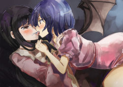 Rule 34 | 2girls, bat wings, bent over, black hair, blouse, blue hair, blunt bangs, blush, brown eyes, clenched teeth, commentary request, dress, eye contact, female focus, grabbing another&#039;s hair, hair between eyes, half-closed eyes, hand up, houraisan kaguya, kiss, licking, long hair, long sleeves, looking at another, multiple girls, no headwear, pink dress, pink shirt, puffy short sleeves, puffy sleeves, red eyes, remilia scarlet, scowl, shirt, short hair, short sleeves, smile, teeth, tongue, tongue out, touhou, upper body, wide sleeves, wings, yohane, yuri