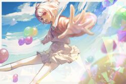 Rule 34 | 1girl, :d, balloon, blue sky, border, cardigan, cloud, cloudy sky, collarbone, day, feet out of frame, floating clothes, foreshortening, from side, grey serafuku, grey shirt, grey skirt, highres, jumping, kneehighs, long bangs, looking at viewer, miyamasuzaka girls&#039; academy school uniform, neckerchief, nuko 0108, ootori emu, open cardigan, open clothes, open hands, open mouth, outdoors, outside border, outstretched arms, pink cardigan, pink eyes, pink hair, pleated skirt, project sekai, raised eyebrows, red neckerchief, sailor collar, school uniform, serafuku, shirt, short hair, sidelocks, skirt, sky, smile, socks, solo, white border, white sailor collar, white socks