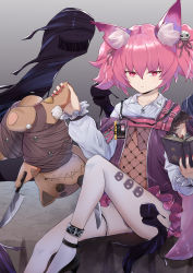 Rule 34 | 1girl, absurdres, animal ear fluff, animal ears, arknights, as yinshimao, black footwear, book, commentary, feet out of frame, fox ears, gradient background, grey background, hair between eyes, hand up, high heels, highres, holding, holding book, knife, long sleeves, looking at viewer, nail polish, pink eyes, pink hair, pink nails, shamare (arknights), short hair, sitting, solo, stuffed animal, stuffed toy, thighs, twintails, v-shaped eyebrows