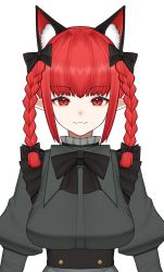 Rule 34 | 1girl, animal ears, black bow, bobby36446329, bow, braid, cat ears, dress, extra ears, hair bow, highres, kaenbyou rin, long sleeves, red eyes, red hair, simple background, solo, touhou, twin braids, upper body, white background
