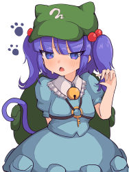 Rule 34 | 1girl, absurdres, animal ears, backpack, bag, bell, blouse, blue eyes, blue hair, blue shirt, blue skirt, cat ears, cat tail, flat cap, green bag, green hat, hair bobbles, hair ornament, hat, highres, kawashiro nitori, key, looking at viewer, mugi (mugimugi 9kv), neck bell, open mouth, paw print, shirt, short sleeves, skirt, solo, tail, touhou, two side up, white background