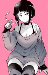 Rule 34 | 1girl, audio jack, boku no hero academia, breasts, choker, cleavage, closed mouth, collarbone, commentary, earplugs, highres, jirou kyouka, long sleeves, looking at viewer, medium breasts, monochrome, pink background, short hair, simple background, sitting, sleeves past wrists, solo, takatsuki ichi, thighhighs, thighs