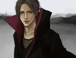 Rule 34 | 1boy, black hair, black shirt, fishnets, jewelry, lily (artist), lowres, male focus, naruto, naruto (series), necklace, red eyes, robe, shirt, solo, uchiha itachi