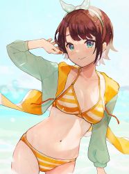 Rule 34 | 1girl, absurdres, bikini, bikini under clothes, blue eyes, blue sky, breasts, brown hair, cleavage, cowboy shot, day, green jacket, highres, hololive, horizon, jacket, looking at viewer, medium breasts, ocean, oozora subaru, oozora subaru (hololive summer 2019), open clothes, open jacket, outdoors, short hair, sky, smile, solo, striped bikini, striped clothes, swept bangs, swimsuit, torioka, virtual youtuber, yellow bikini