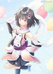 Rule 34 | 1girl, balloon, black gloves, black hair, black neckerchief, black skirt, black socks, black thighhighs, blue sky, brown eyes, buttons, cloud, cowboy shot, double-breasted, elbow gloves, fingerless gloves, gloves, hair ornament, hairclip, happy birthday, highres, hiiro yuya, holding, holding clothes, holding scarf, kantai collection, kneehighs, neckerchief, sailor collar, scarf, school uniform, sendai (kancolle), serafuku, single kneehigh, single sock, single thighhigh, skirt, sky, socks, solo, standing, standing on one leg, thighhighs, two side up, white sailor collar, white scarf